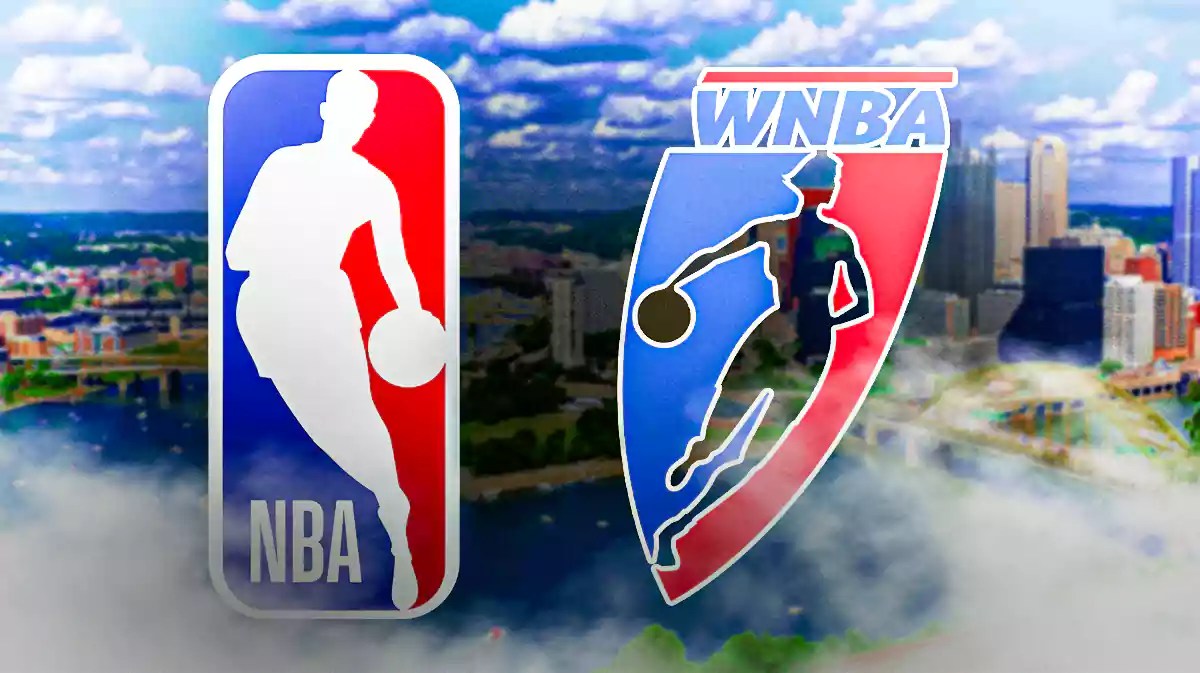 Pittsburgh, with NBA and WNBA logos in front of it.