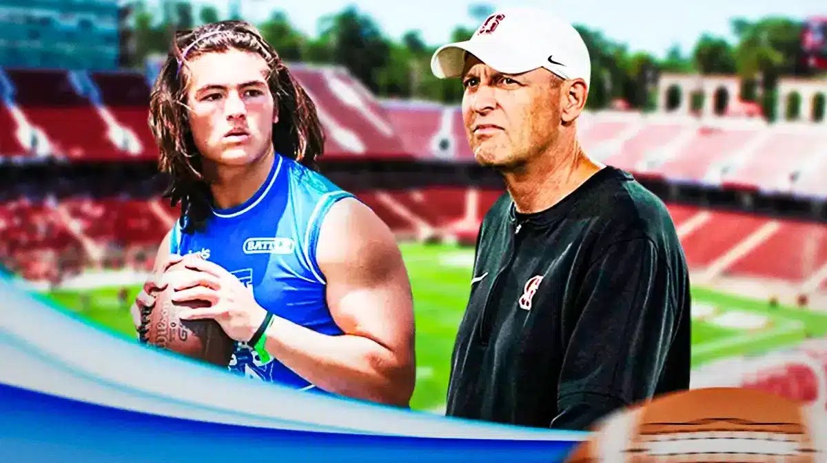 Bear Bachmeier looking at Stanford football coach Troy Taylor.
