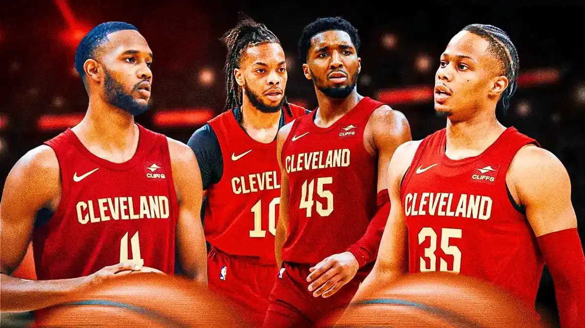 Donovan Mitchell and Darius Garland in the middle, Evan Mobley on one side, Isaac Okoro on the other side