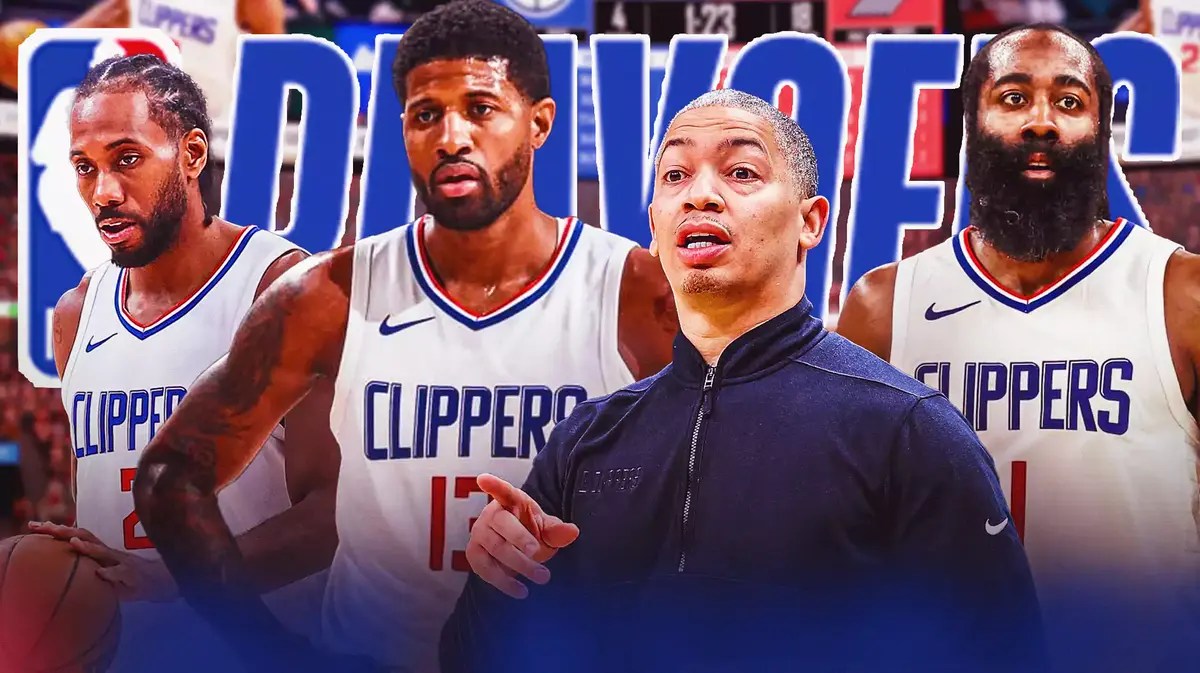 Clippers' James Harden, Paul George, Kawhi Leonard, and Tyronn Lue all looking worried, NBA playoffs logo in the background