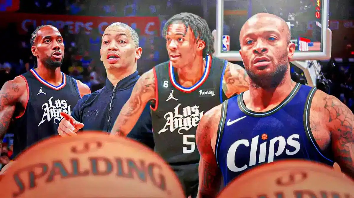 PJ Tucker and Bones Hyland next to Ty Lue and Kawhi Leonard
