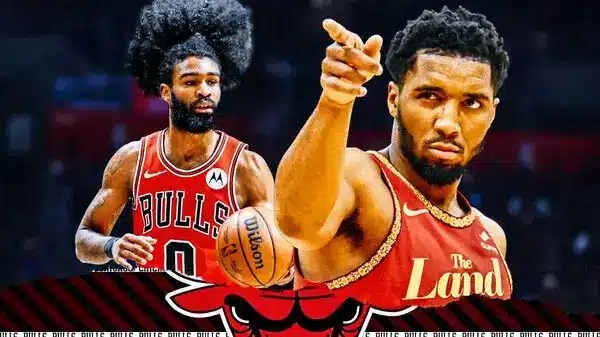 Bulls, Cavaliers, Donovan Mitchell, Coby White, Coby White Bulls, Donovan Mitchell and Coby White with Bulls arena in the background