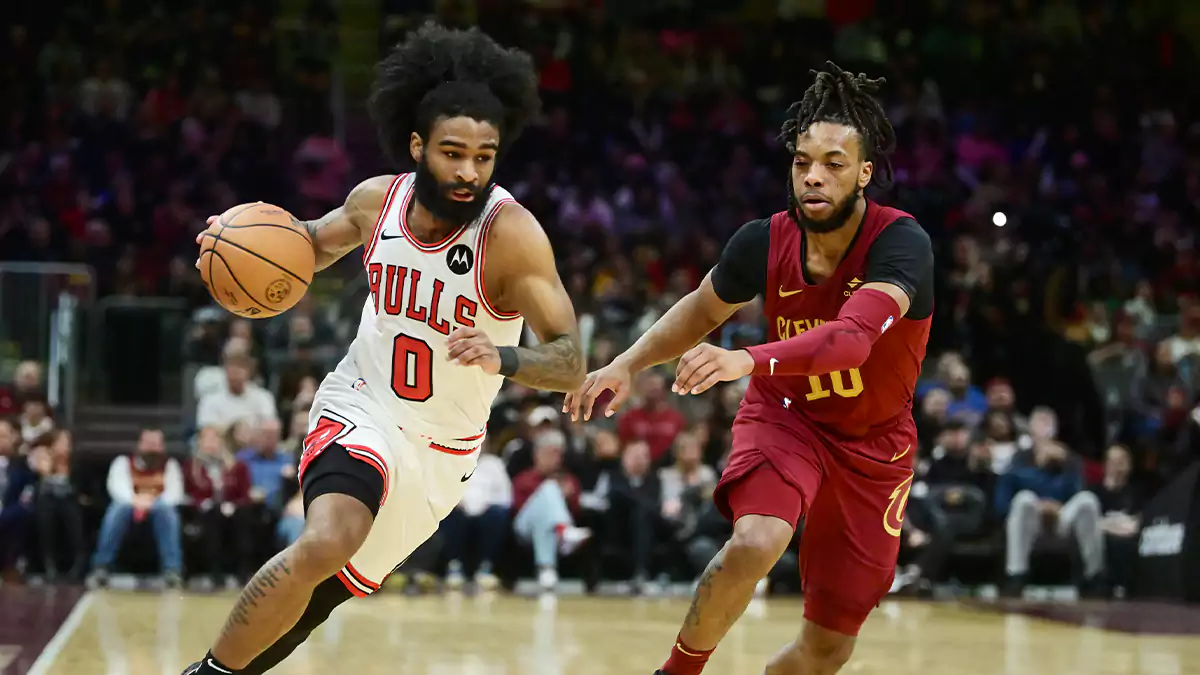 Chicago Bulls guard Coby White (0) drives to the basket against Cleveland Cavaliers guard Darius Garland (10) during the second half at Rocket Mortgage FieldHouse. 