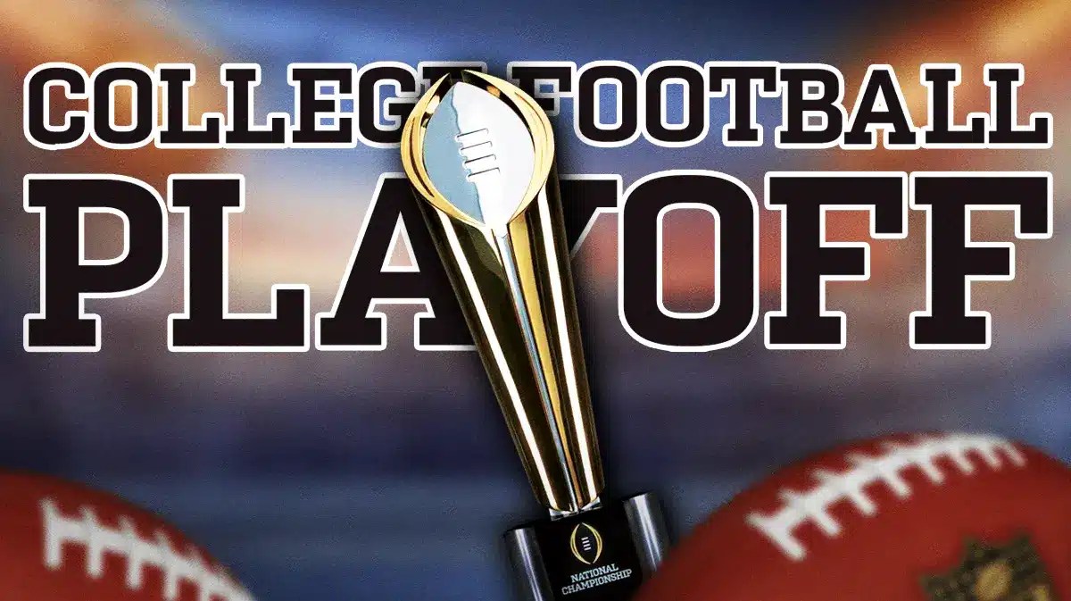 College Football Playoff sign with championship trophy in foreground.