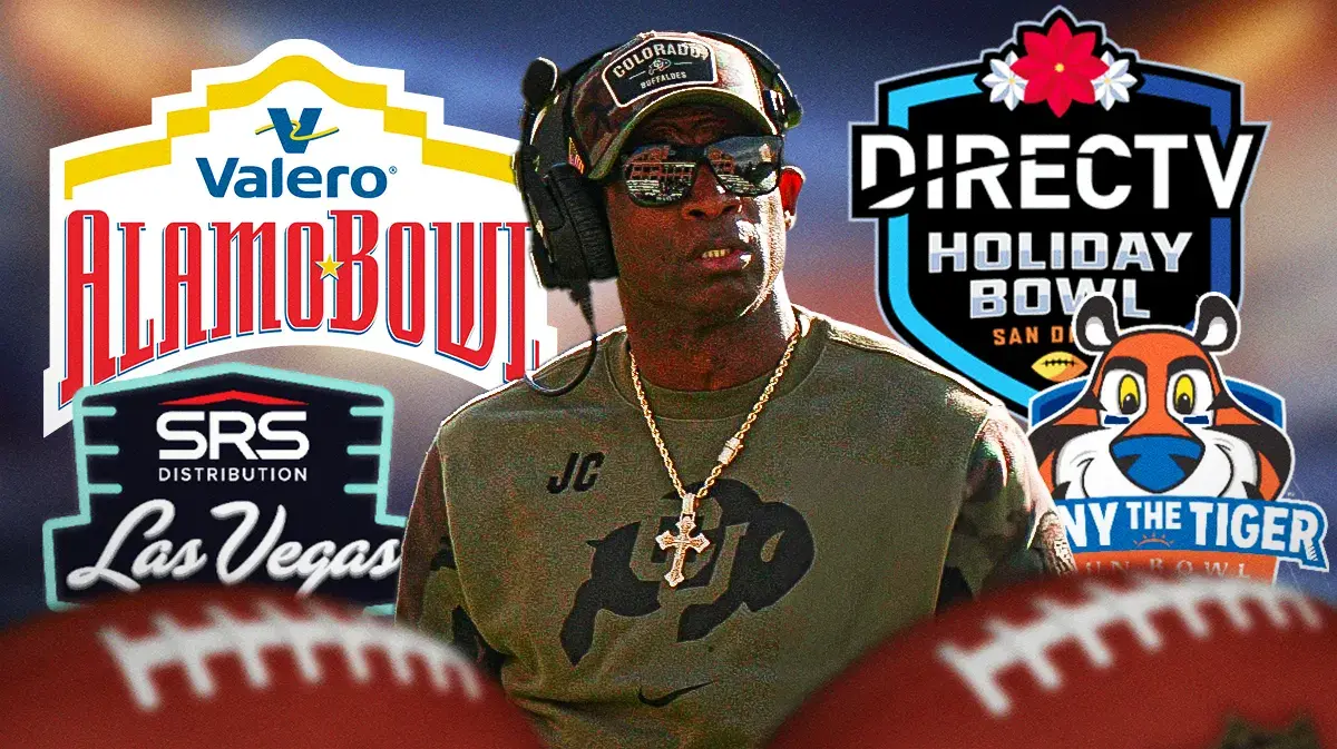 Deion Sanders in Colorado football gear next to Pac-12 bowls, the Alamo Bowl, Vegas Bowl, Holiday Bowl, and Sun Bowl logos.