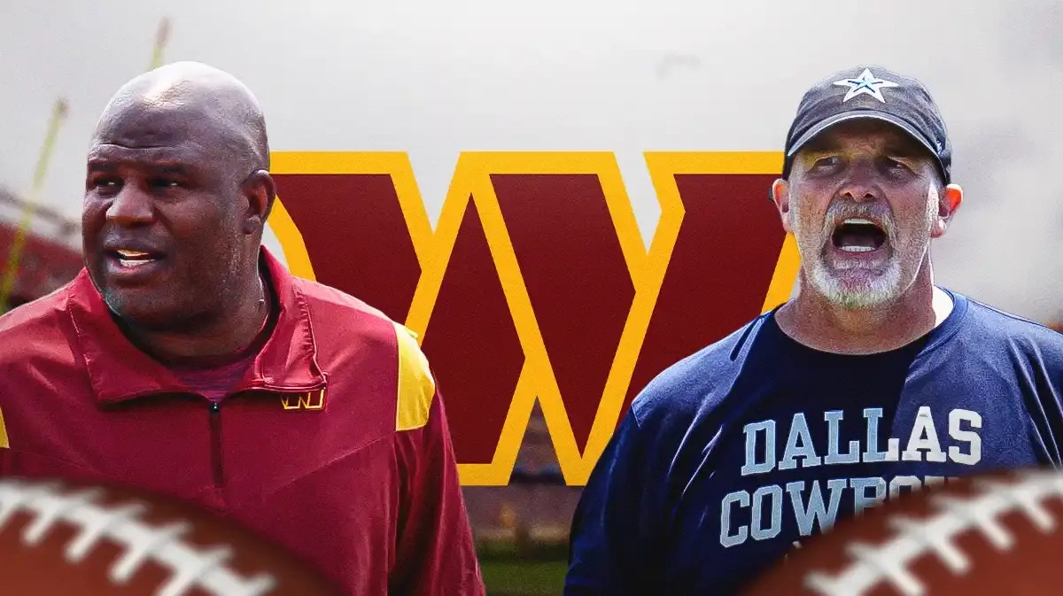 Commanders coaches Dan Quinn and Eric Bieniemy stand next to each other, NFC East logo and Kliff Kingsbury sit out of sight