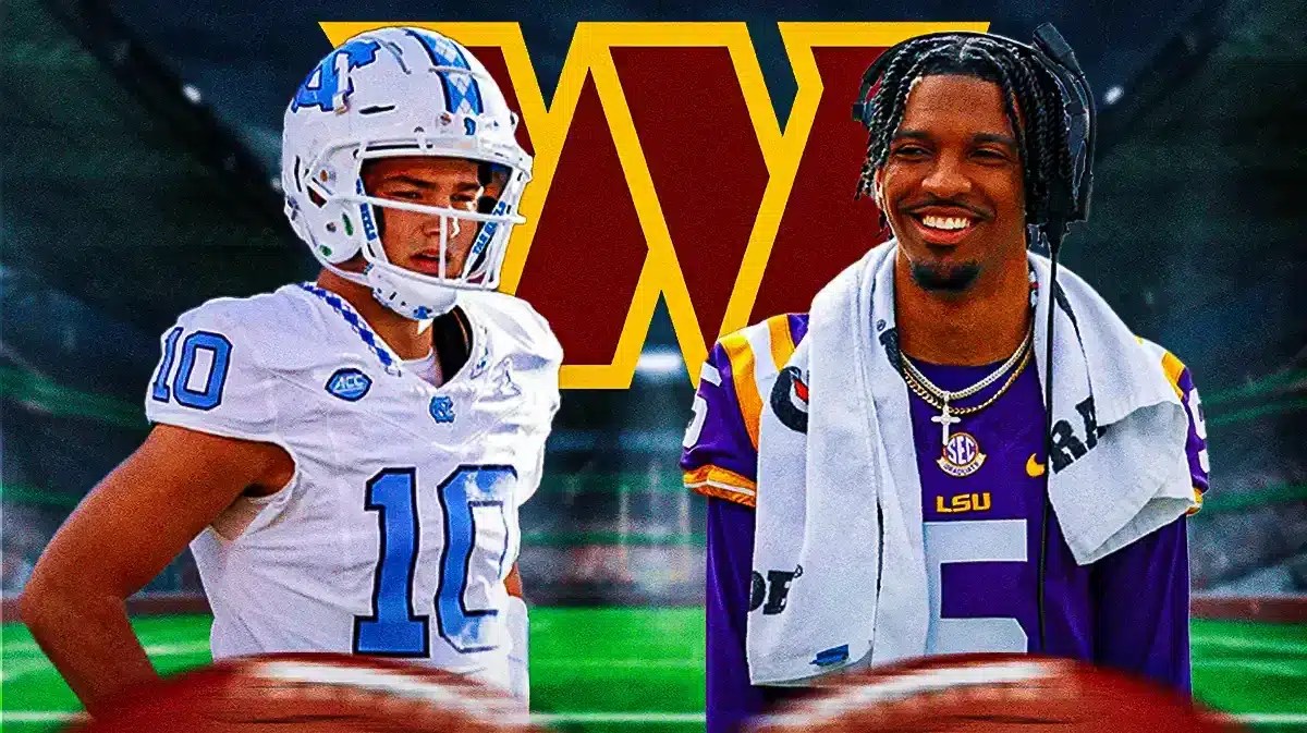 The Washington Commanders logo in the middle of UNC's Drake Maye and LSU's Jayden Daniels.