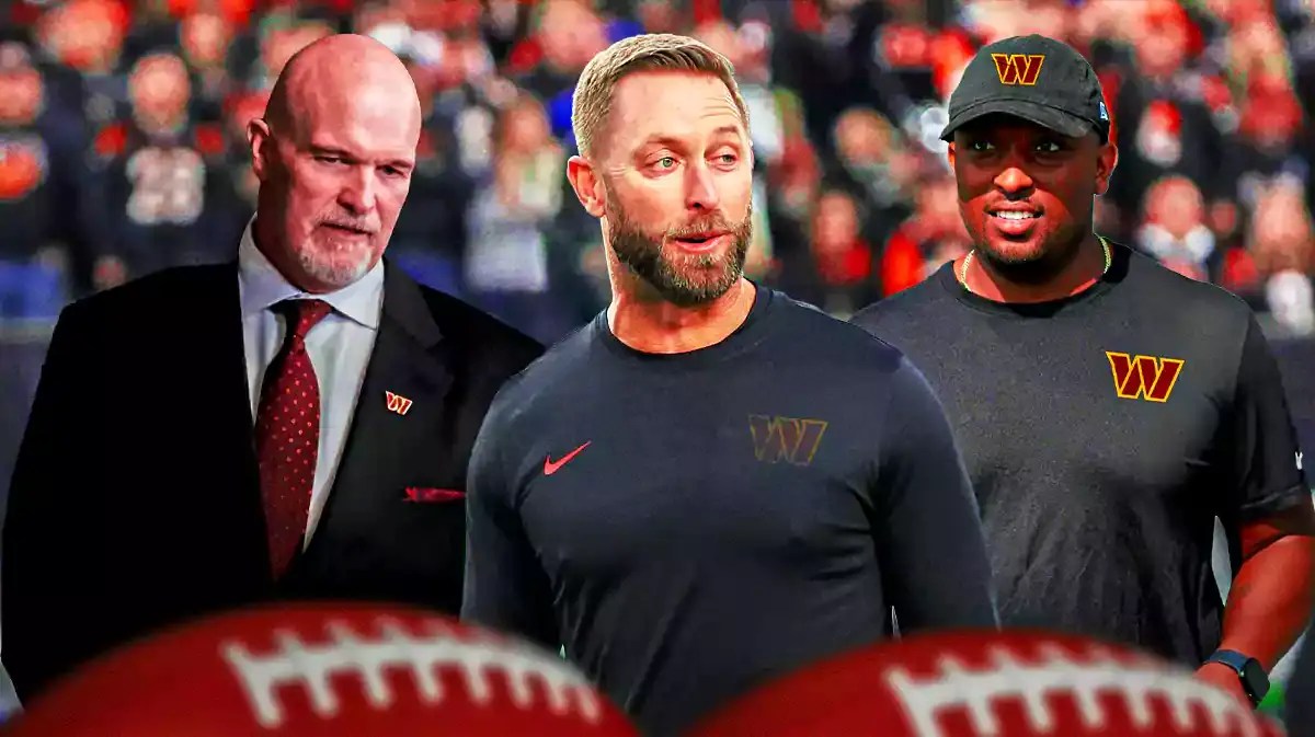 Washington Commanders coaches Dan Quinn, Kliff Kingsbury, and Brian Johnson