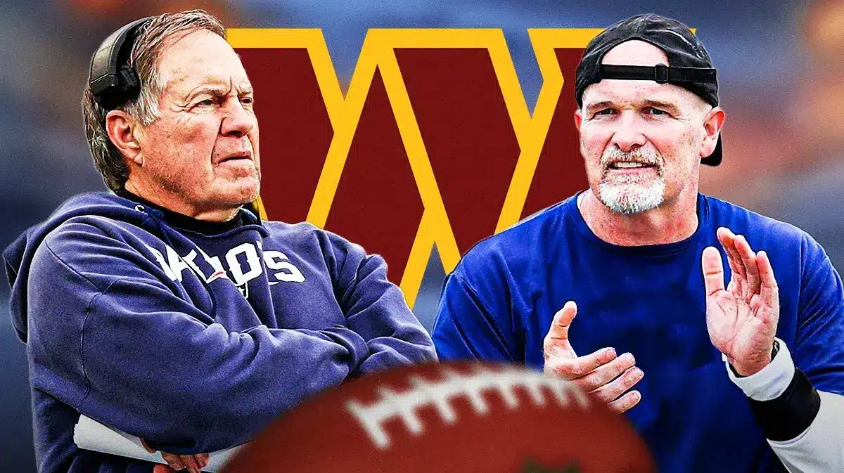 Bill Belichick and Dan Quinn next to the Commanders logo