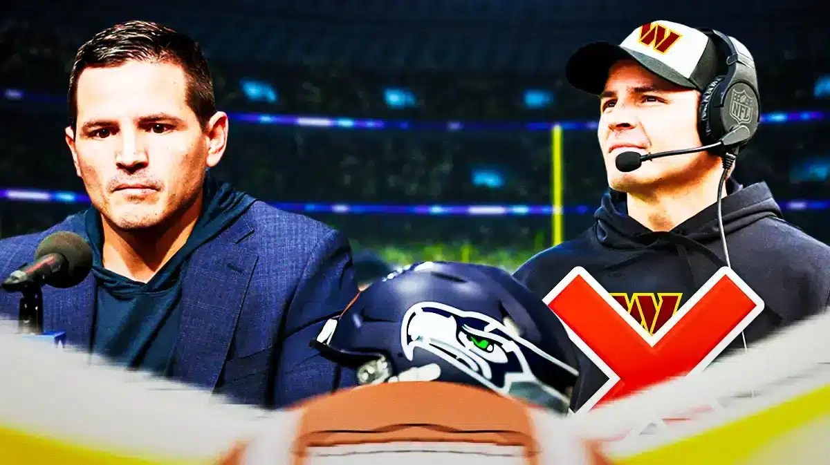 Mike Macdonald on one side in Washington Commanders gear with an “X” over him, Mike Macdonald on the other side in Seattle Seahawks gear with a checkmark over his head