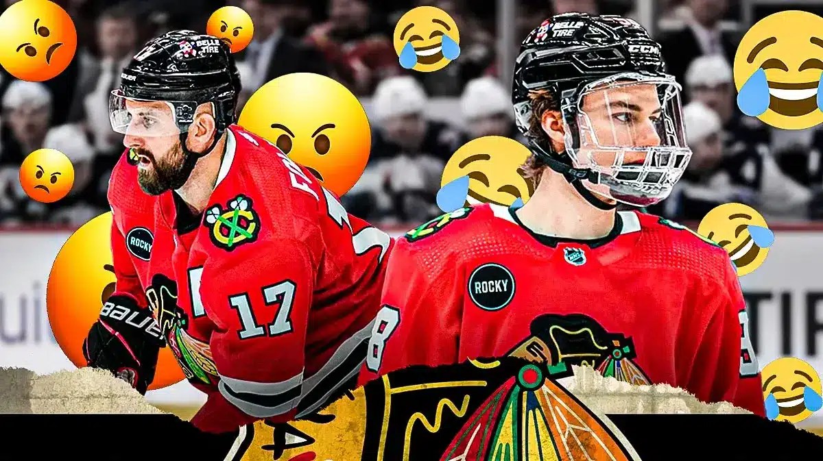 Connor Bedard and Nick Foligno joking around on the Blackhawks bench.