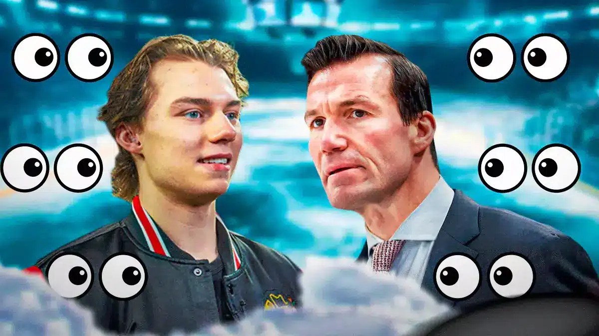 Blackhawks coach Luke Richardson, Connor Bedard. Eyeball emojis around him