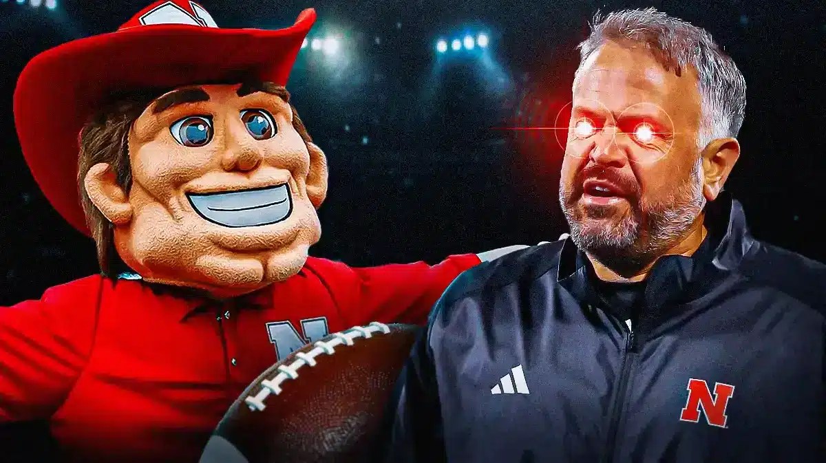 Nebraska football mascot with Matt Rhule with woke eyes