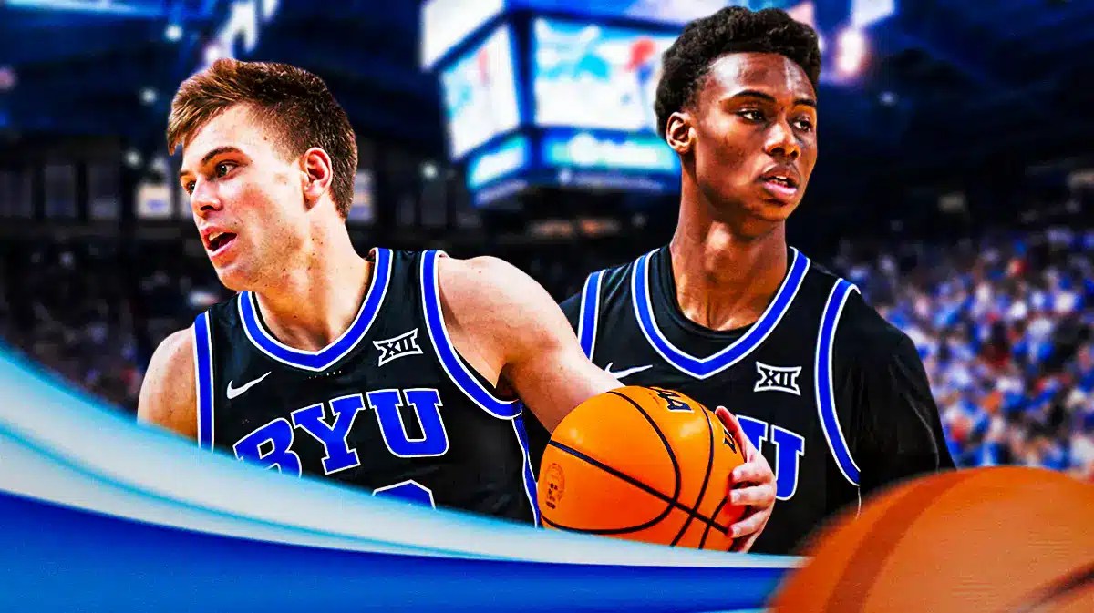 BYU basketball, Cougars, Kansas basketball, Jayhawks, Kansas BYU, Dallin Hall and Jaxson Robinson in BYU unis with Kansas basketball arena in the background