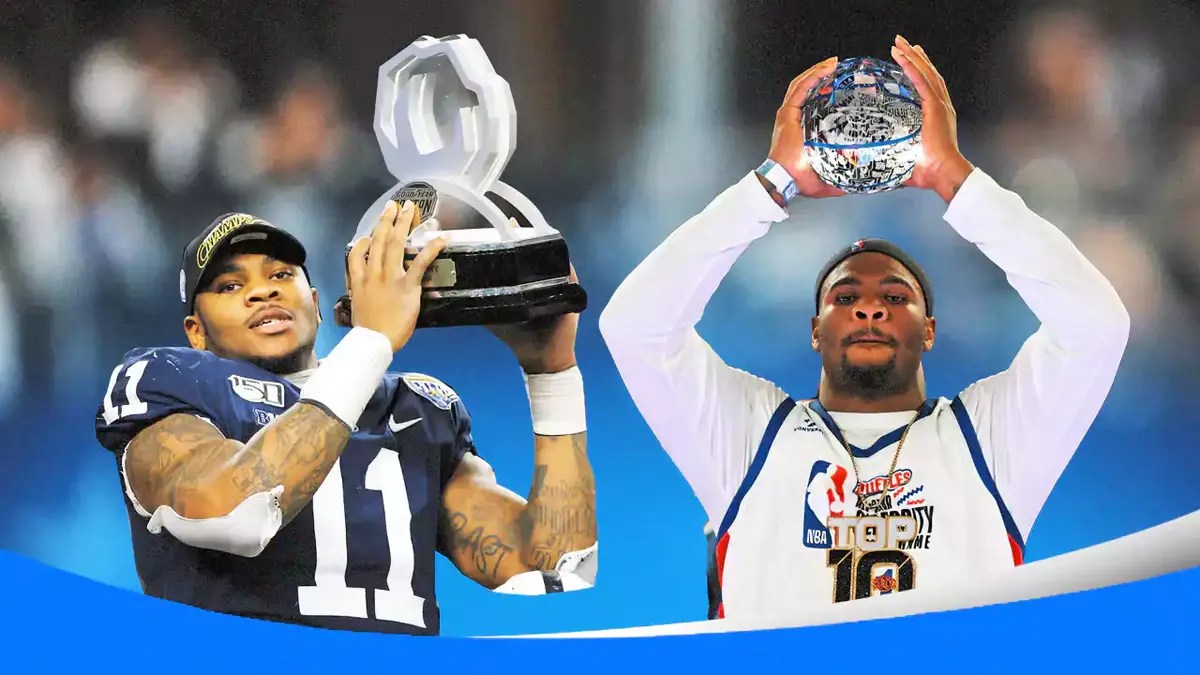Cowboys' Micah Parsons holding the Defensive Rookie of the Year trophy on the left, and Parsons, in the 2024 Celebrity Game, holding the MVP trophy