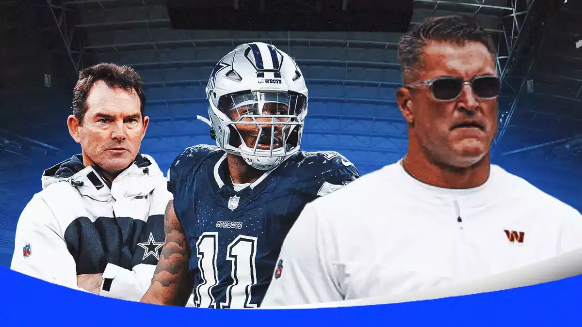 Cowboys’ Mike Zimmer and Micah Parsons looking at Jeff Zgonina