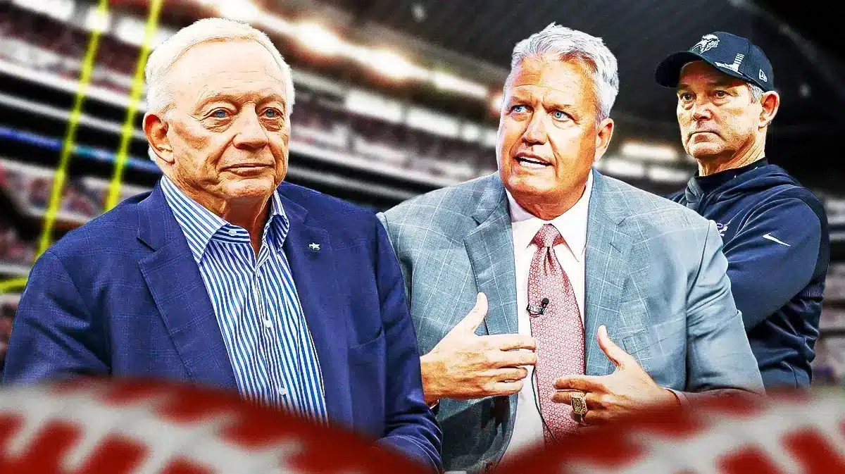 Cowboys owner Jerry Jones looking at Rex Ryan and Mike Zimmer.