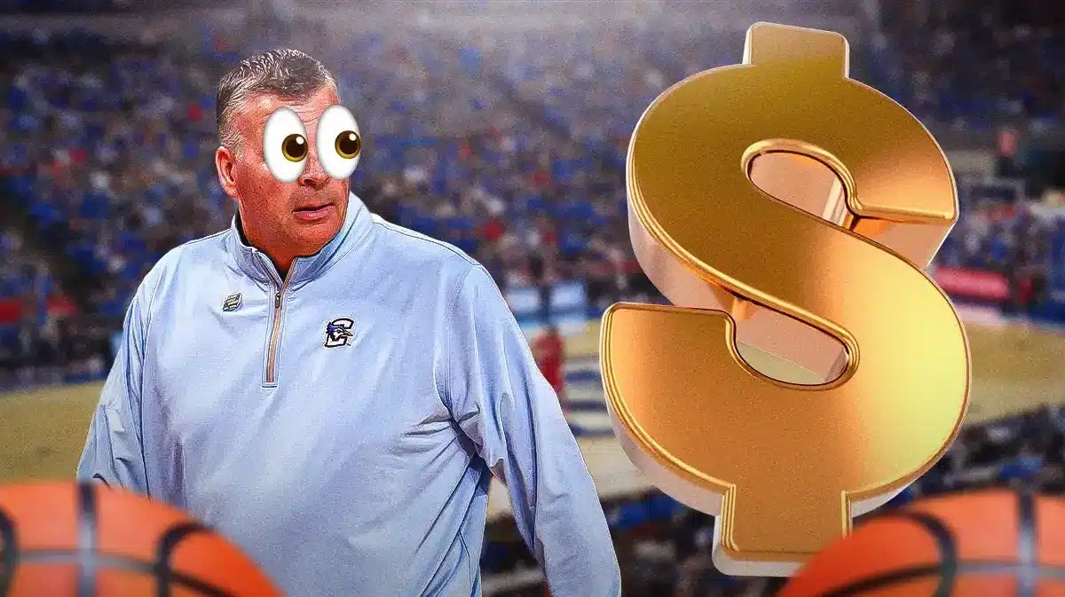 Creighton basketball’s Greg McDermott on left with eyes popping out looking at a giant dollar sign. Place the dollar sign on right.