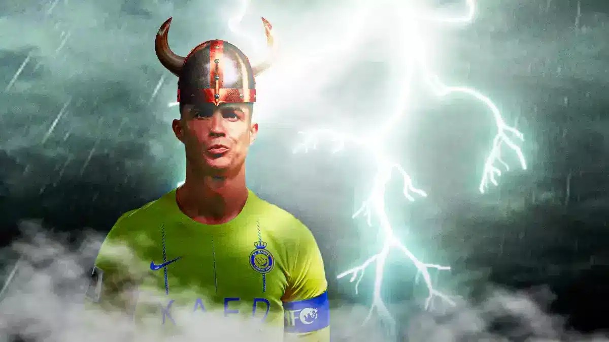 Cristiano Ronaldo wearing a viking helmet, thunderbolts behind him