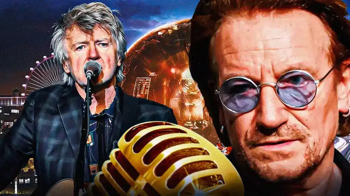 Crowded House singer Neil Finn and U2 Bono with Sphere background.