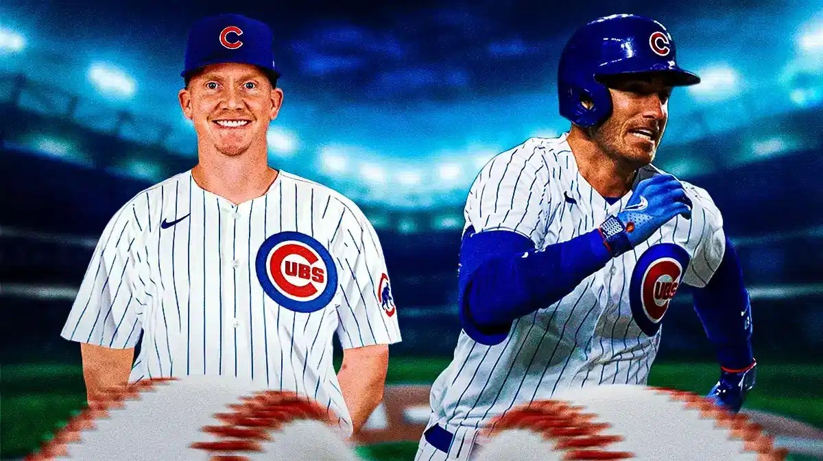 Garrett Cooper in a Cubs uni alongside Cody Bellinger, both hyped up