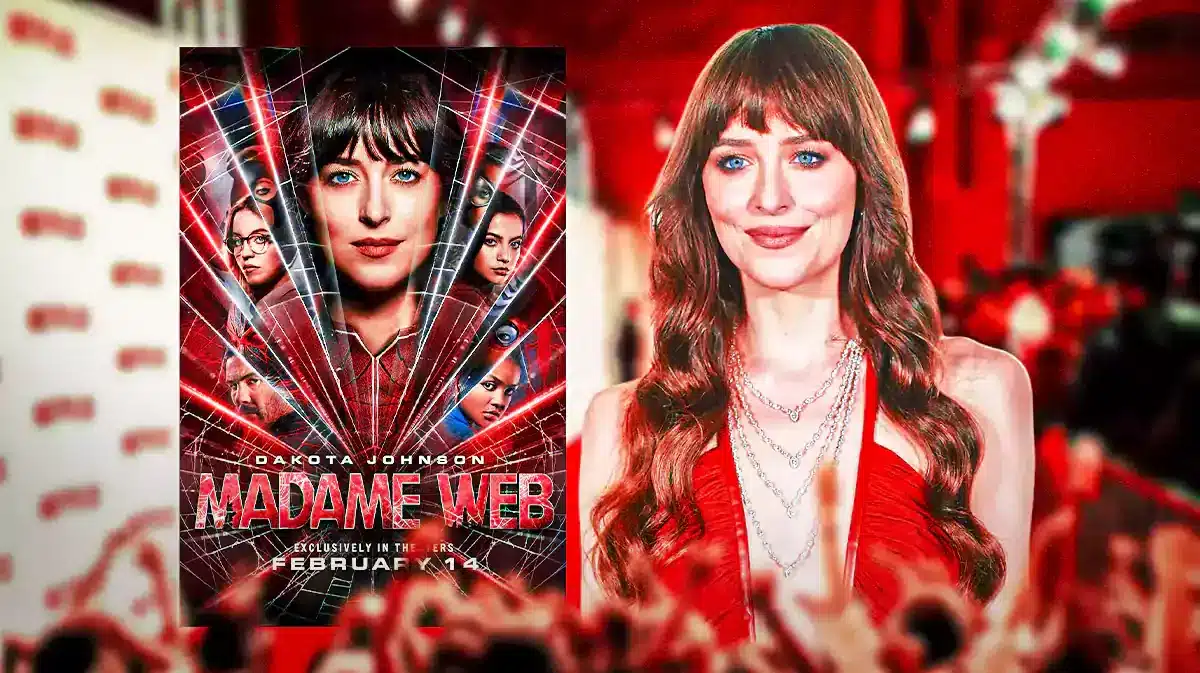 Madame Web poster and Dakota Johnson with red carpet background.