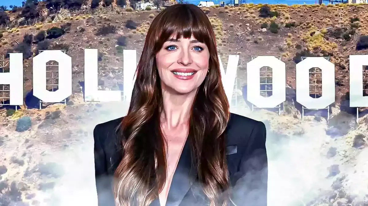 Dakota Johnson in front of Hollywood sign.