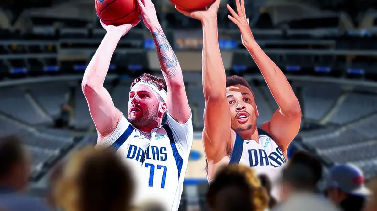 Mavericks' Luka Doncic and Mavericks' Dante Exum both shooting basketballs at the American Airlines Center.