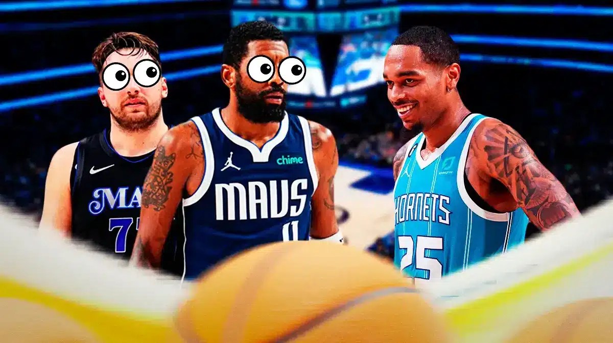PJ Washington with Luka Doncic and Kyrie Irving with big bulging eyes.