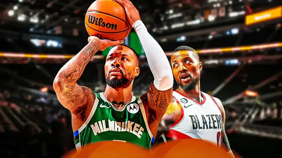 Milwaukee Bucks guard Damian Lillard, in his Portland Trail Blazers uniform too