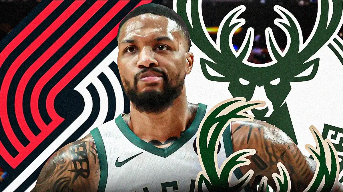 Photo: Damian Lillard in Bucks uniform with Trailblazers and Bucks logo’s behind him