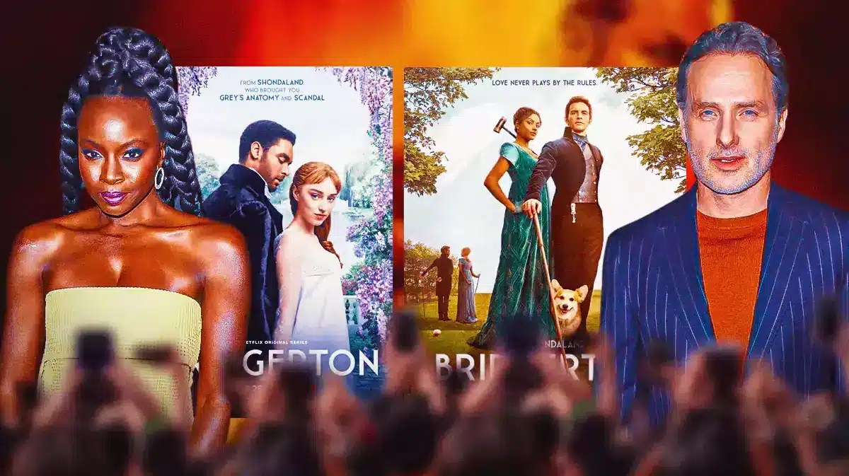 Danai Gurira on one side, Andrew Lincoln on the other, Bridgerton seasons 1 and 2 posters in the middle; The Walking Dead: The Ones Who Live poster as background