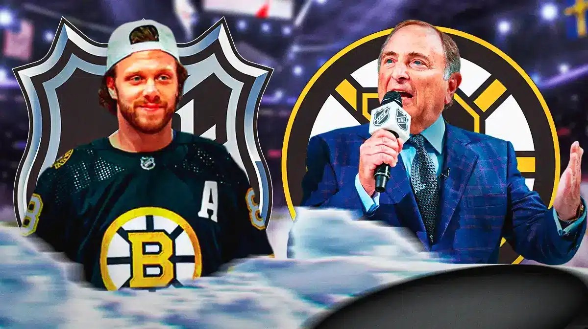 David Pastrnak on one side looking stern, Gary Bettman on other side looking stern, NHL and BOS Bruins logo, hockey rink in background