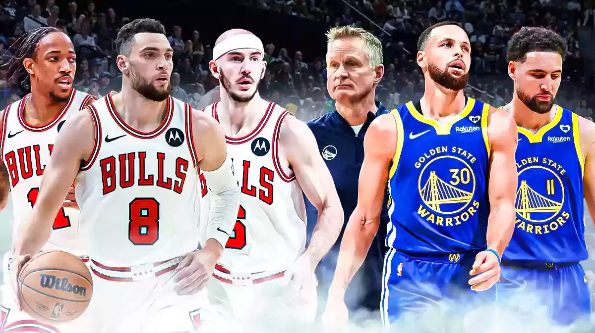 DeMar DeRozan, Zach Lavine and Alex Caruso next to Steve Kerr, Klay Thompson and Stephen Curry