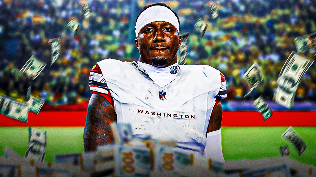 Deebo Samuel surrounded by piles of cash.