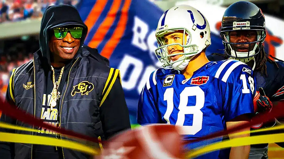 Deion Sander laughing. Peyton Manning in a Colts uniform. Devin Hester in a Bears uniform