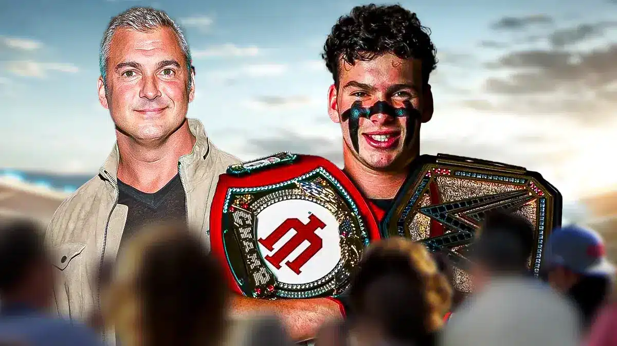 WWE's Shane McMahon and son Declan McMahon holding title belts, commitment to Indiana