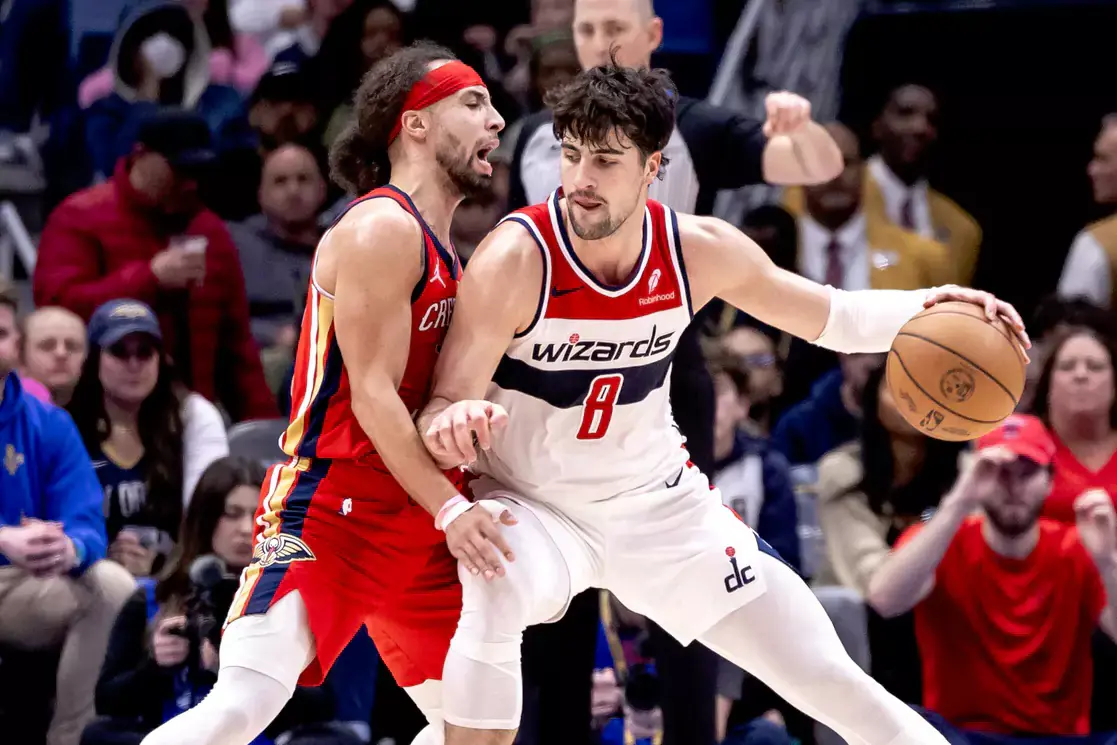 Washington Wizards forward Deni Avdija (8) drives with the ball against New Orleans Pelicans guard Jose Alvarado (15) during the second half at Smoothie King Center