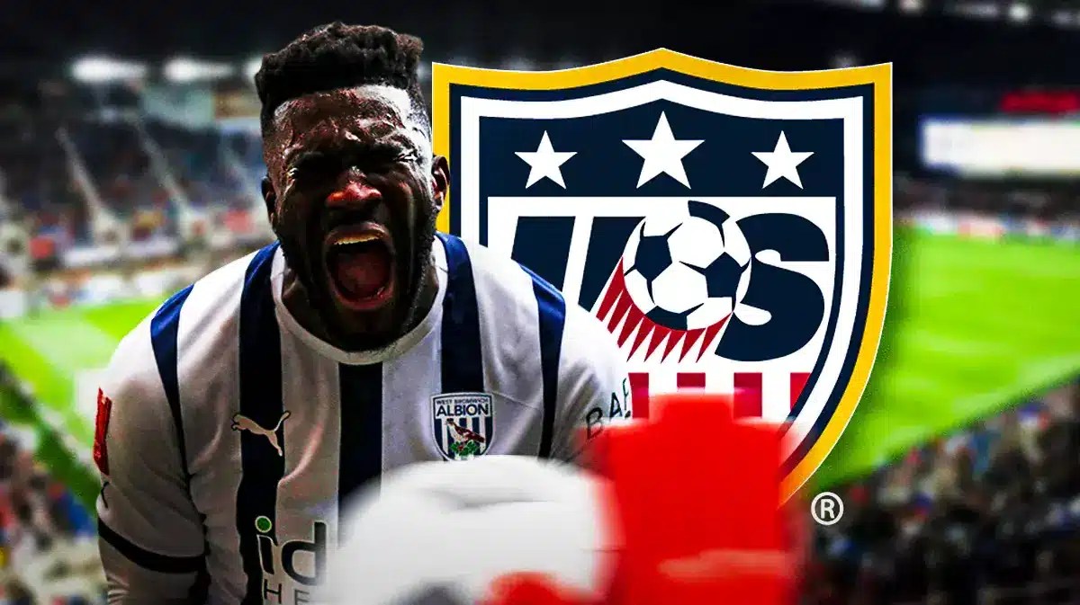 Deryl Dike sad in front of the USMNT logo
