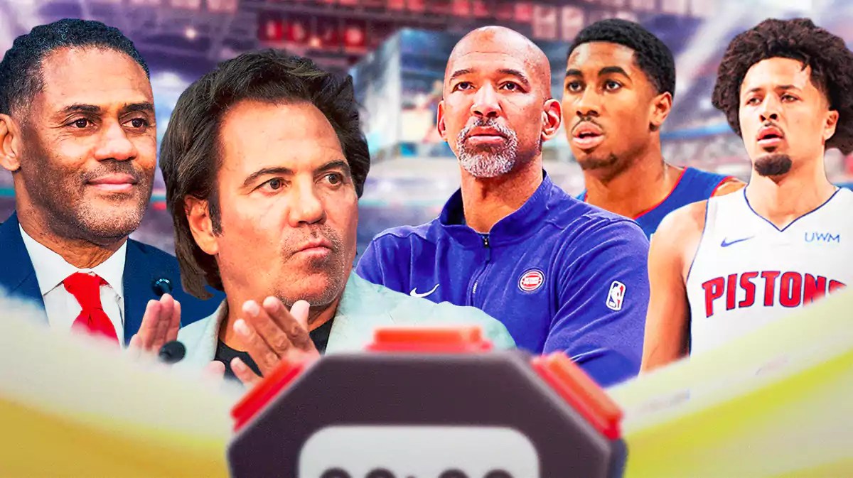 Pistons owner Tom Gores, GM Troy Weaver, Monty Williams, Cade Cunningham, Jaden Ivey