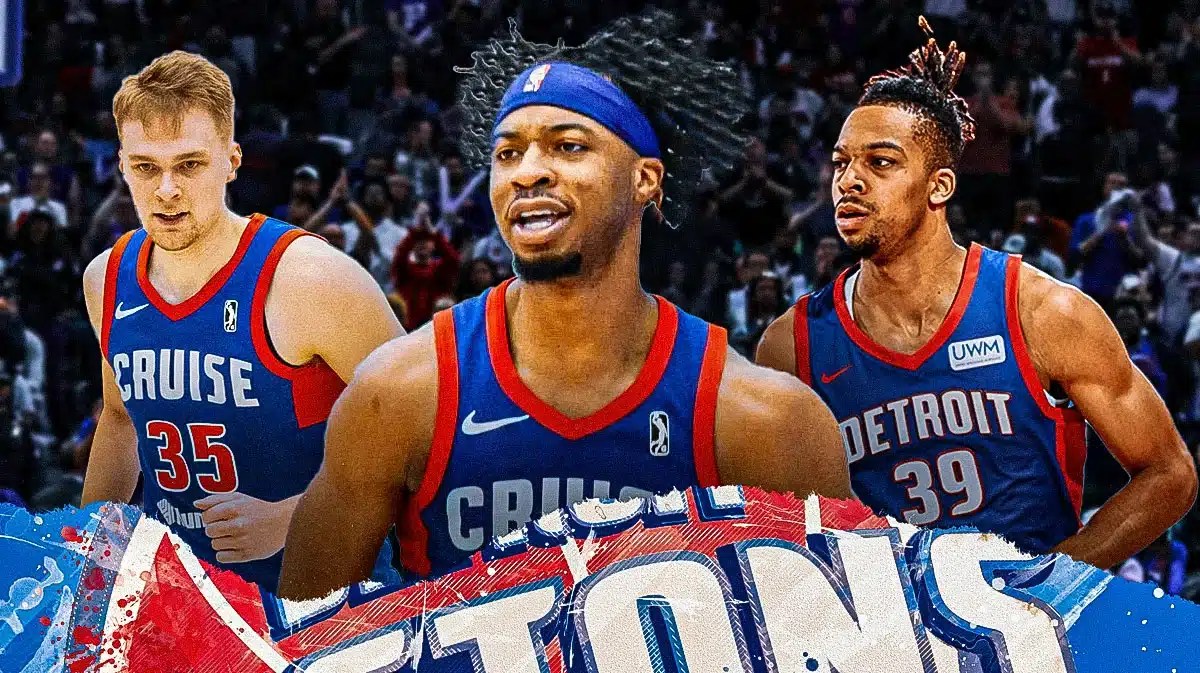 Stanley Umude, Buddy Boeheim and Tosan Evbuomwan in Pistons jerseys with the Pistons arena in the background