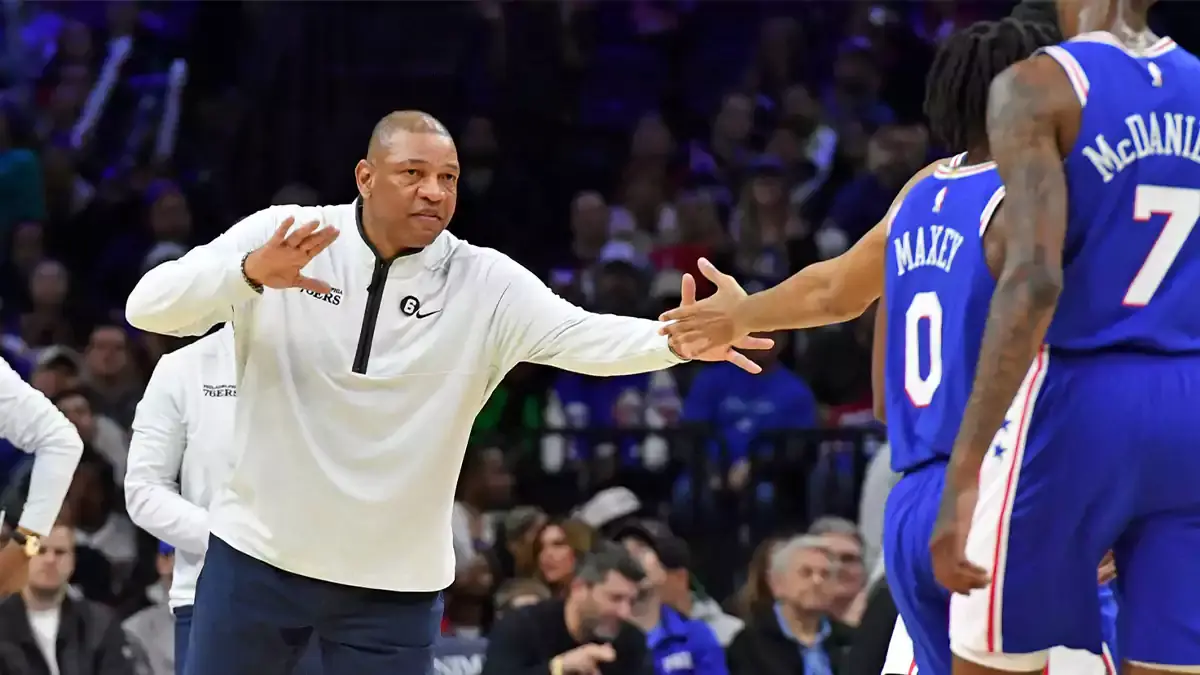Philadelphia 76ers head coach Doc Rivers celebrates a basket with his team against the Houston Rockets during the fourth quarter at Wells Fargo Center.