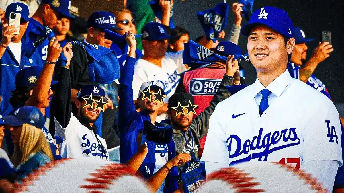 Shohei Ohtani on one side in a Los Angeles Dodgers uniform, a bunch of Los Angeles Dodgers fans on the other side with stars in their eyes