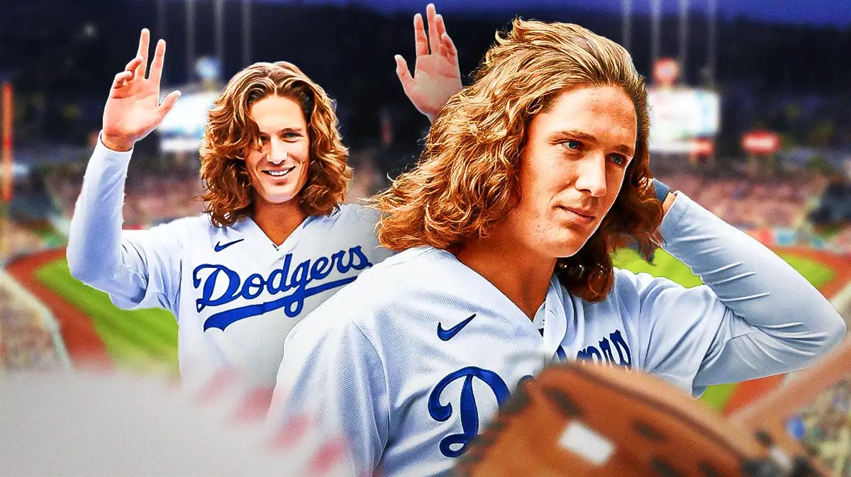 Dodgers, Tyler Glasnow, Tyler Glasnow Dodgers, Spring Training, Dodgers Spring Training, Tyler Glasnow in Dodgers uni with Dodger stadium in the background