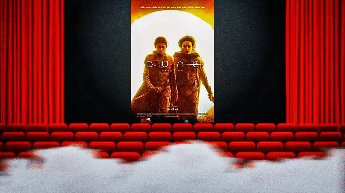 Dune: Part Two poster on a movie theater screen.