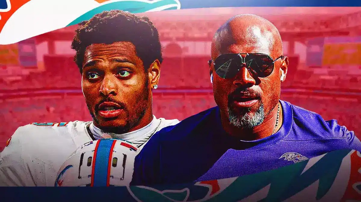 Miami Dolphins star Jalen Ramsey next to new defensive coordinator Anthony Weaver in front of Hard Rock Stadium.