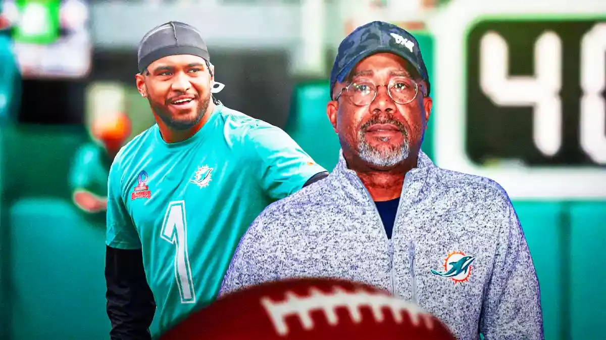 Miami Dolphins star Tua Tagovailoa and musician Darius Rucker in front of Hard Rock Stadium.