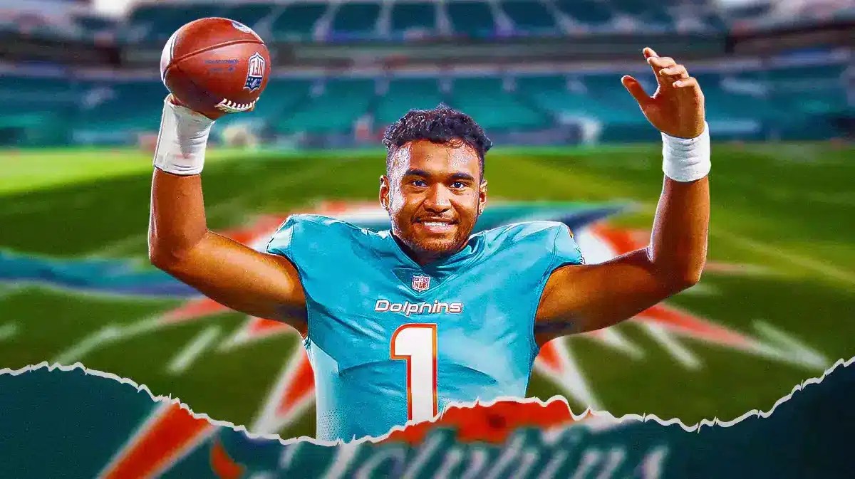 Miami Dolphins star Tua Tagovailoa in front of Hard Rock Stadium.