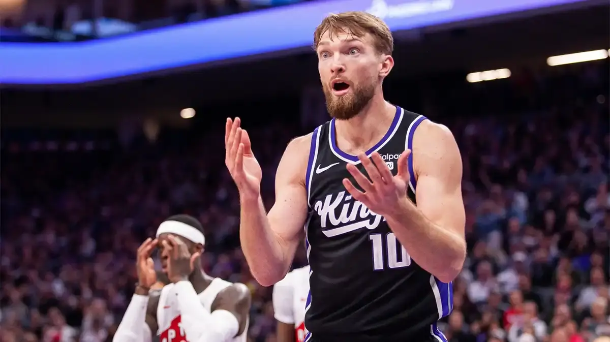 Sacramento Kings forward Domantas Sabonis (10) reacts after committing a foul against the Toronto Raptors at Golden 1 Center.