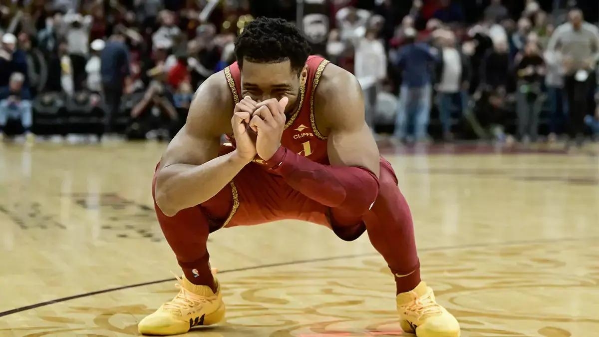 Cleveland Cavaliers guard Donovan Mitchell (45) reacts after guard Darius Garland (not pictured) missed a game winning basket during the second half against the Philadelphia 76ers at Rocket Mortgage FieldHouse